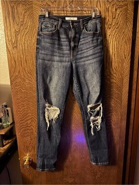 Women's Distressed Cropped Jeans in Dark Blue